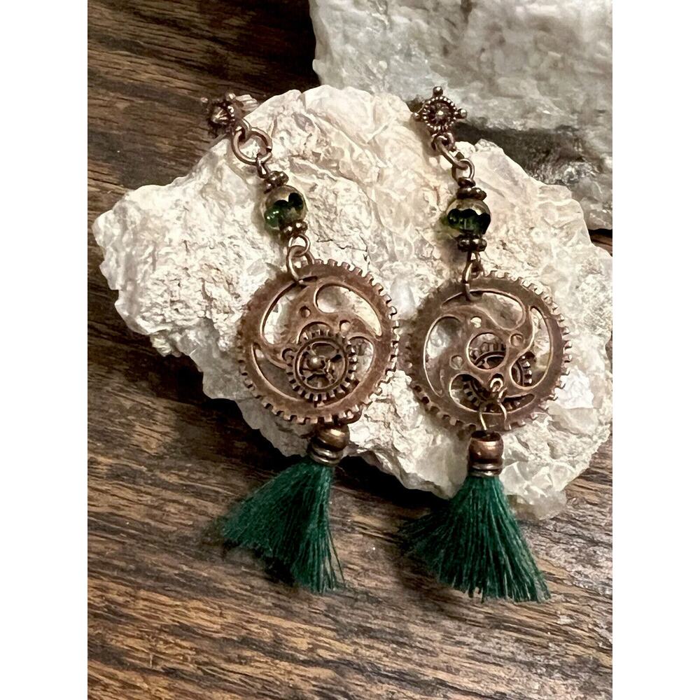 Vintage Bronzy Cooper Tone Color Steampunk Cogs Green Tassel Dangle Earrings NEW